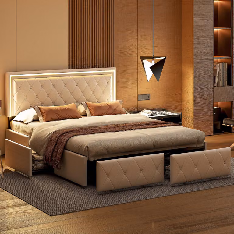 Letto matrimoniale per adulti, 160 x 200 cm, 4 cassetti, imbottito, con luce LED, rete a doghe,Poliuretanobianco.