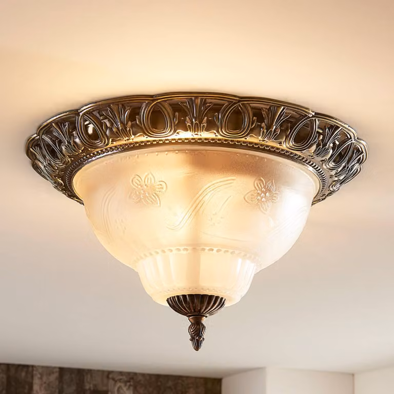 Plafoniera soffitto Anni Lindby, dimmerabile, Bronzo / Ottone antico, Soggiorno / Sala da pranzo, Vetro, Antico, Plafoniera