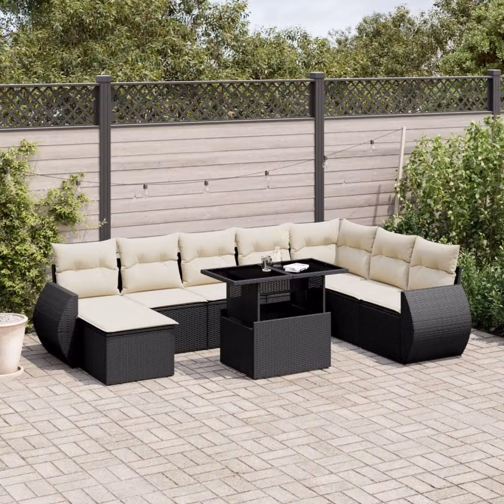 vidaXL Set Divani da Giardino 9 pz a Forma a L con Cuscini, Polyrattan e Acciaio, Nero e Bianco – 1