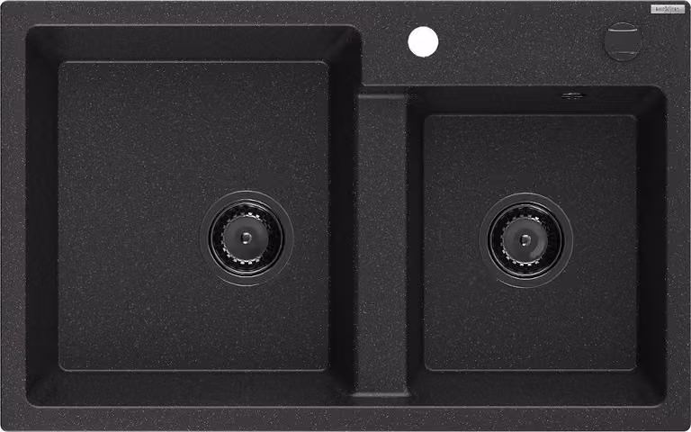 Mexen Tomas lavello da cucina in granito a 2 vasche 800 x 500 mm, nero/argento metallizzato, sifone nero - 6516802000-73-B
