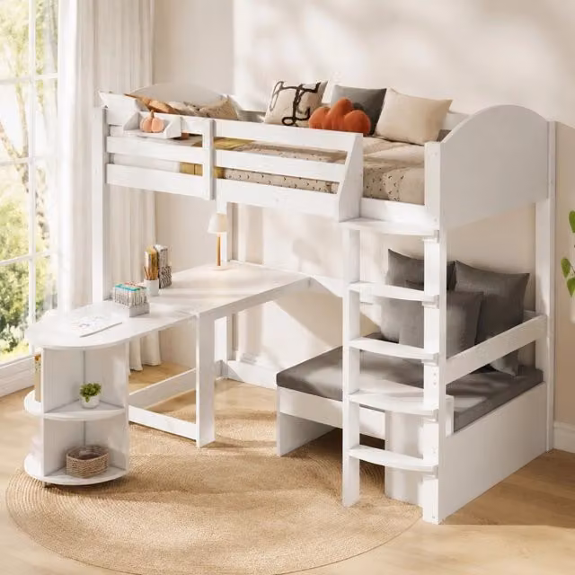 Letto a castello bambini 90x200 cm in legno massello; con scrivania estraibile e divano contenitore; bianco