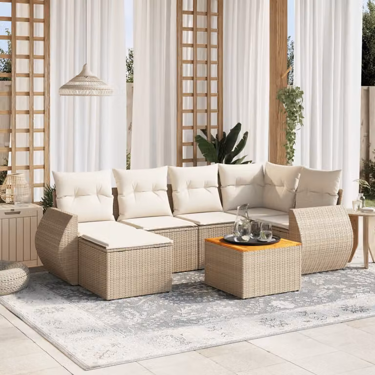 vidaXL Set Divani da Giardino 7 pz a L in Polyrattan con Cuscini Beige e Tavolino