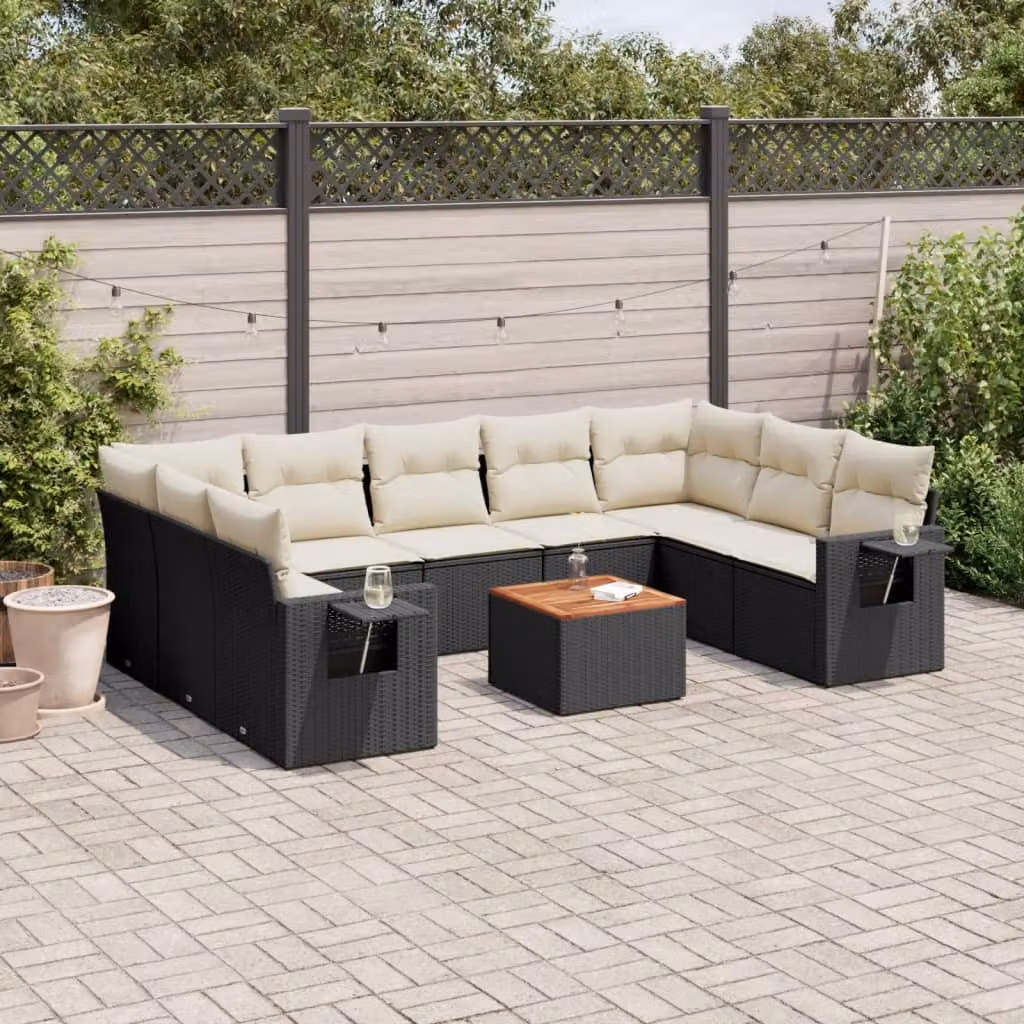 Set di Divani da Giardino vidaXL a Forma a U in Polyrattan Nero con Cuscini e Tavolino da Caffè – 1