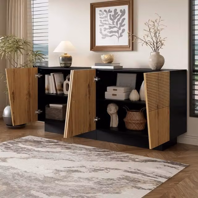 Madia contenitore con frontali geometrici e ripiano regolabile in truciolare nero e legno 160 × 40 × 72 cm