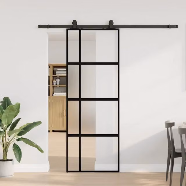 Porta Scorrevole Moderna vidaXL in Vetro Trasparente e Alluminio con Ferramenta Nera L: 76 cm, H: 205 cm