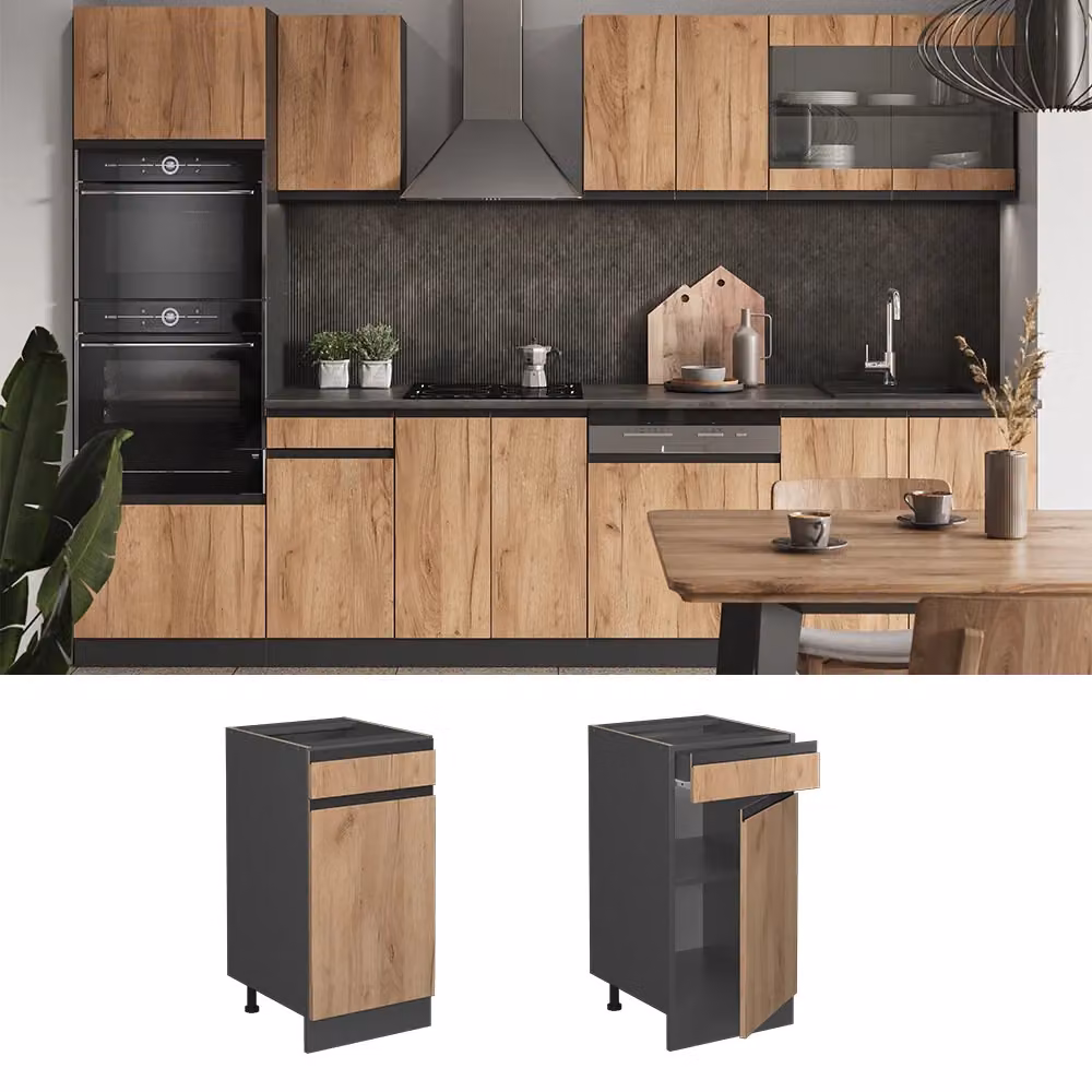 Mobiletto base per cucina Vicco R-Line Rovere dorato e Antracite con ante a battente e ripiani interni L/P/H: 40 x 60 x 81,6 cm – 2