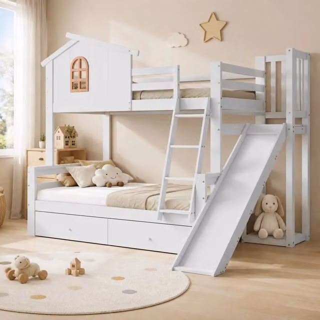 Letto a castello bianco 90x200 e 120x200 cm con scivolo, scala e 2 cassetti