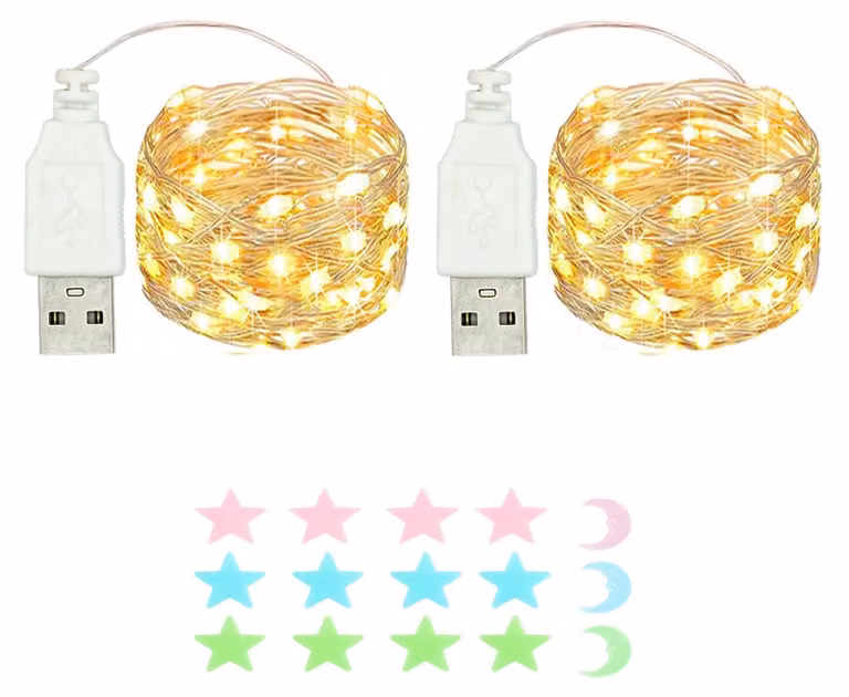 2 luci a LED, lunghezza 2 metri, alimentazione tramite USB, impermeabili, luce bianca calda