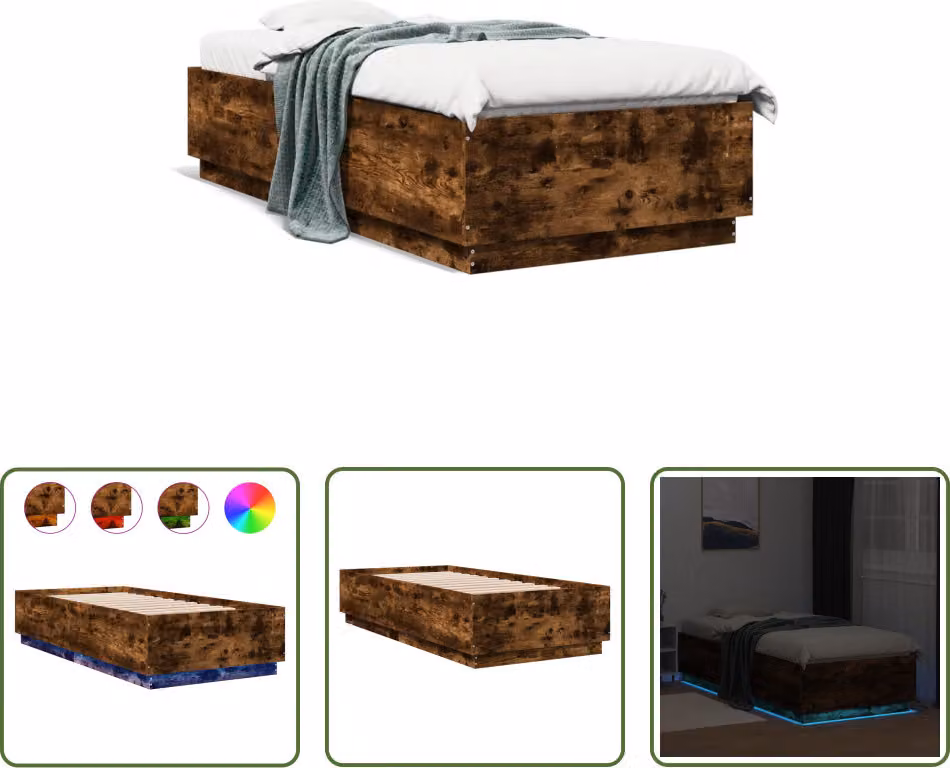 The Living Store Struttura letto con LED in rovere fumé 100x200 cm Materiale a base di legno