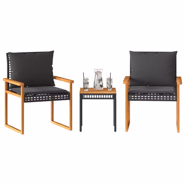 Set da Bistrò vidaXL 3 pz in Polyrattan e Legno di Acacia per Giardino e Terrazzo Nero e Marrone