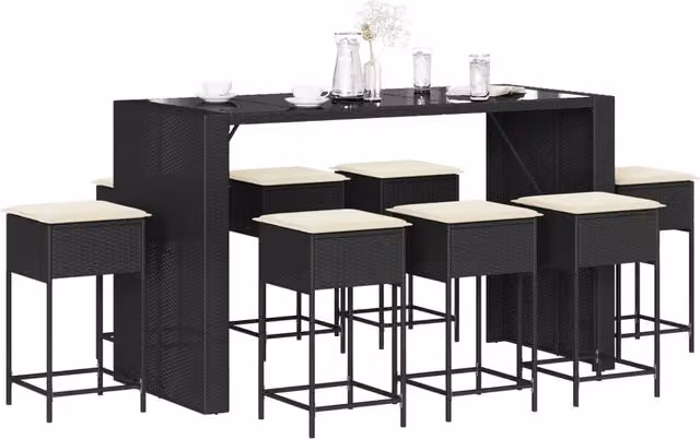 Set Bar da Giardino 9 pz con Cuscini in Polyrattan Nero 3261513