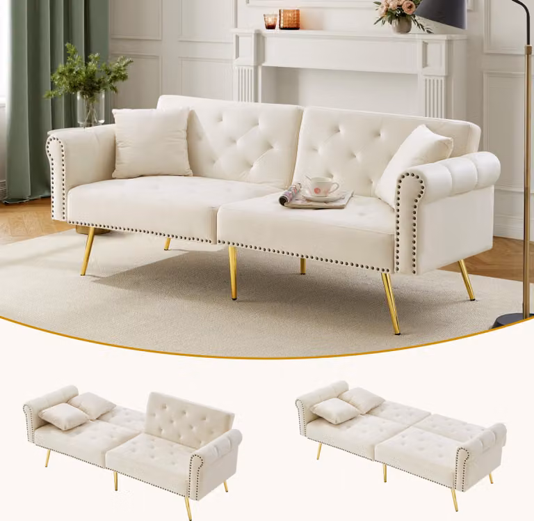 STILVORA Divano a 2 posti con schienale, con regolazione a 3 livelli, con piedini in metallo dorato, divano lounge con funzione letto, beige