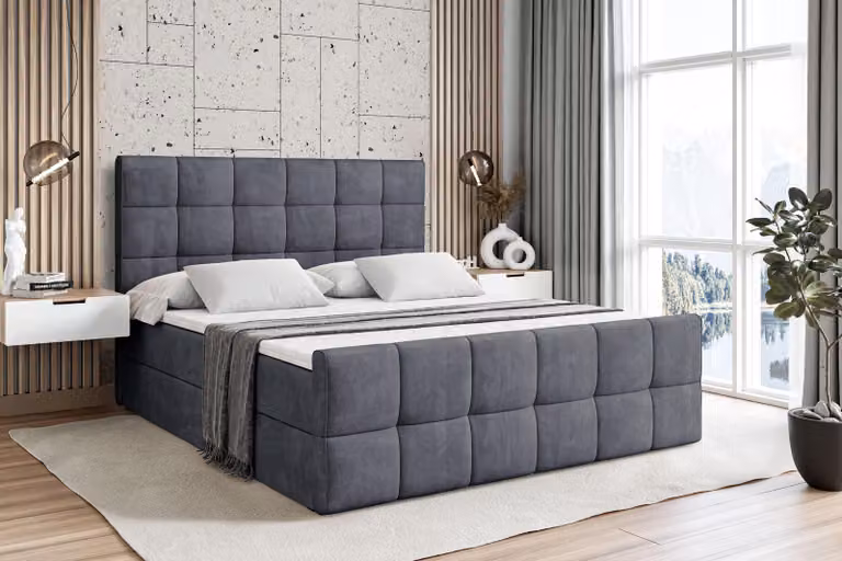 Letto boxspring ALTDECOR con materasso e rete a doghe - APO -Z - 120x200 cm - Velluto grigio scuro - Letto boxspring, pediera, topper, letto imbottito con contenitore, letto con contenitore H4 - Materasso, letto matrimoniale, letto boxspring