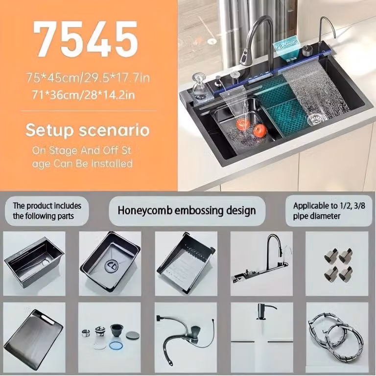 Lavello da cucina 75x45 cm - Acciaio inossidabile spazzolato con display digitale e miscelatore estraibile