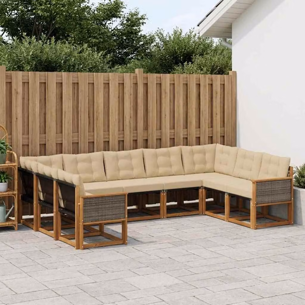 Set di divani da esterno vidaXL 9 pz a forma di U in legno di acacia con cuscini beige e marrone