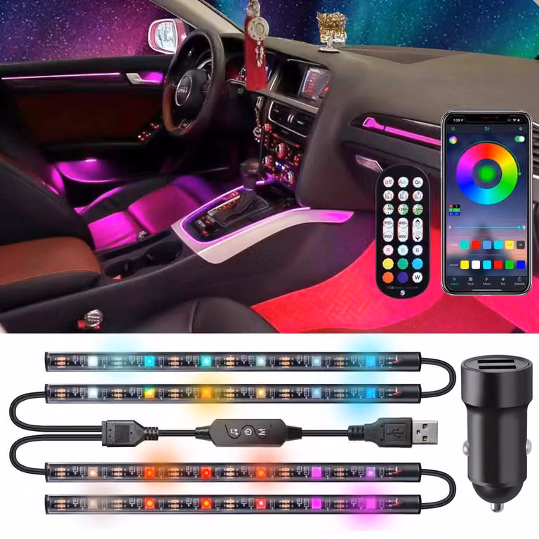 Illuminazione interna a LED con porta USB e caricabatterie per auto, striscia LED 5050, controllo tramite app e telecomando, modalità musicale