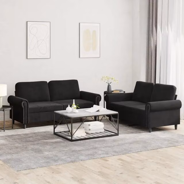 Set di 2 divani vidaXL in velluto nero con cuscini per soggiorno in stile moderno