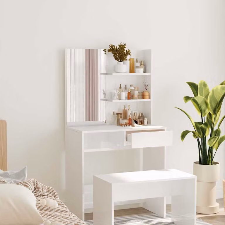 vidaXL Toeletta con Specchio Bianco lucido L: 74,5 cm, P: 40 cm, H: 141 cm