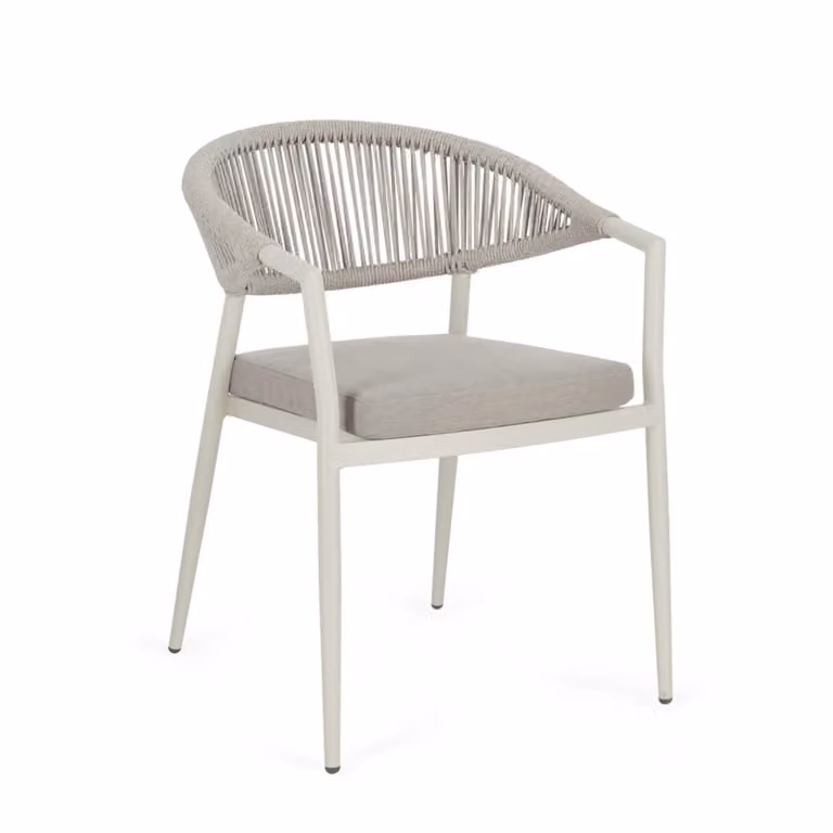 Set di 4 sedie con braccioli GETARIA in alluminio beige e corda tortora, impilabili