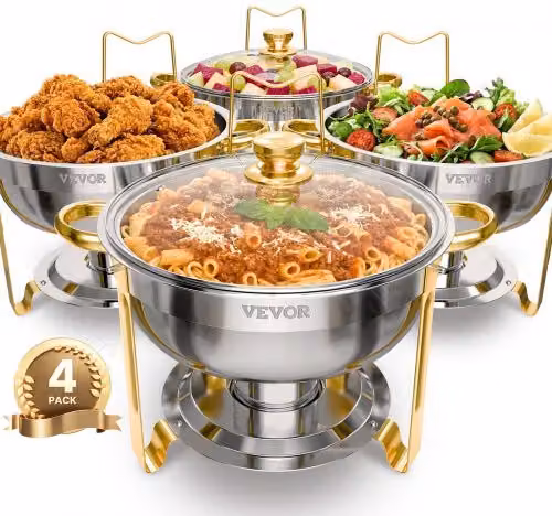 Scaldavivande a Buffet Vevor Dorato con 4 Padelle Full Size e Coperchio in Vetro, Capacità 4,7 L