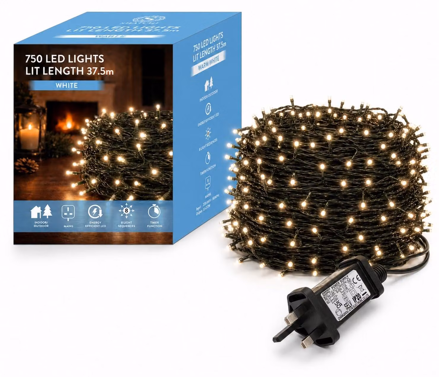 Catena luminosa con 750 LED, luce bianca calda, 8 modalità, timer, grado di protezione IP44, lunghezza 42,5 metri