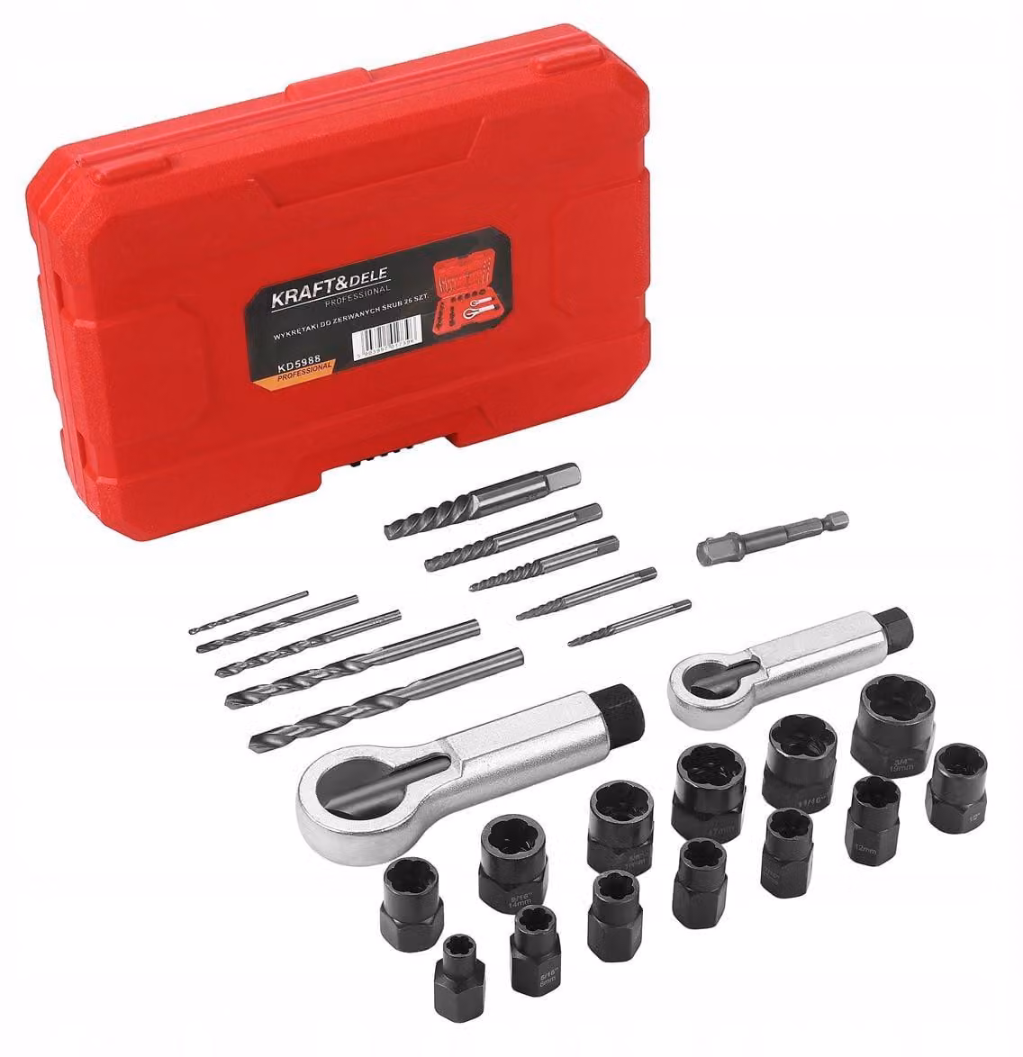 KRAFT&DELE | Set di estrattori per viti professionali con custodia, 26 pezzi, set di estrattori per viti sinistre ad alta durezza per rimuovere i danni, estrattore di dadi, estrattore di viti, estrattore di viti sinistre