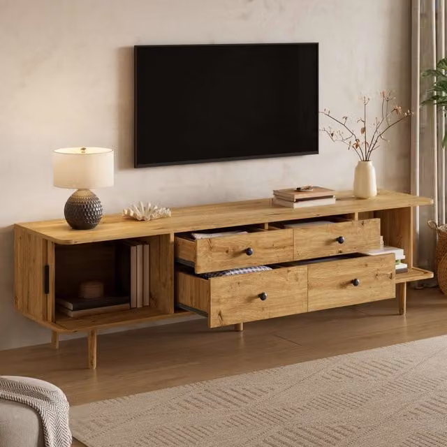 Mobile porta TV in MDF con 4 cassetti e 2 ante scorrevoli angoli arrotondati per soggiorno 165 × 40 × 46 cm