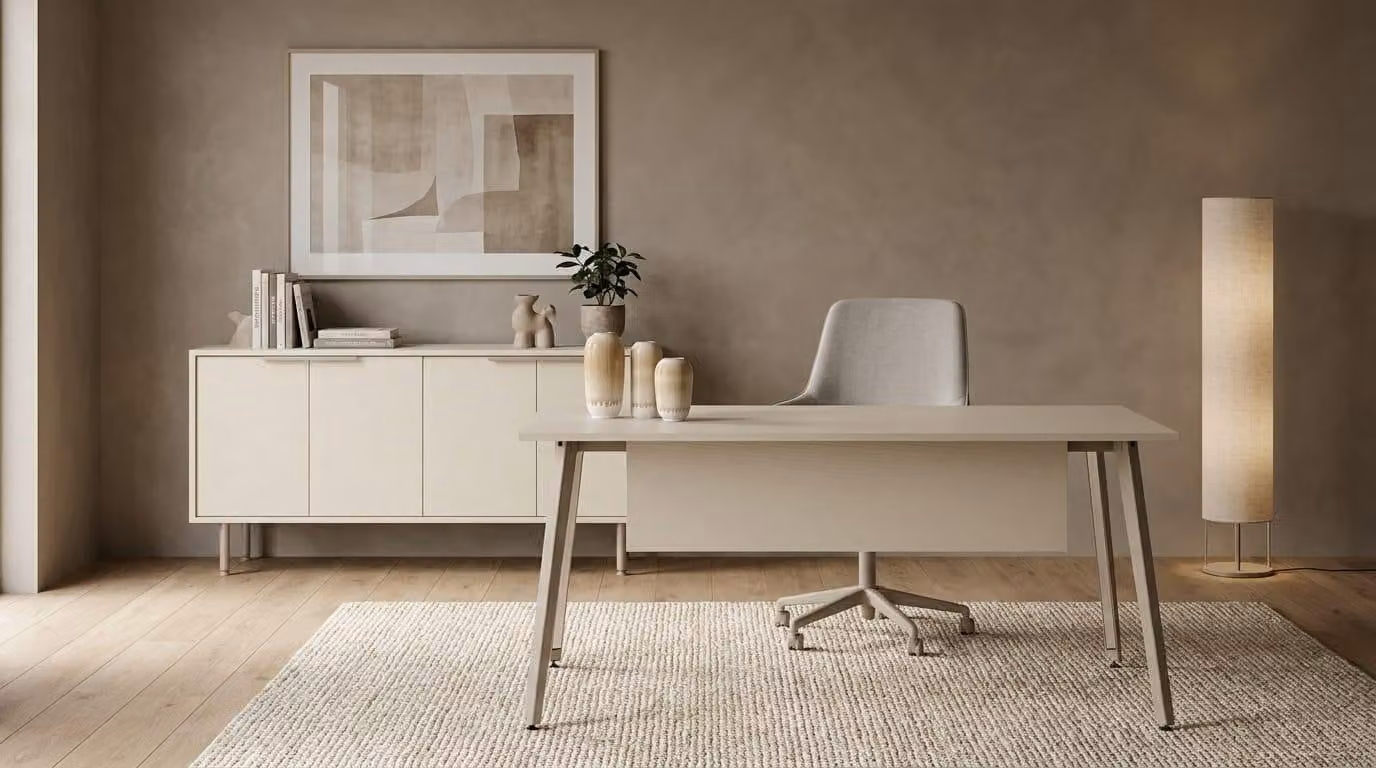 Set da ufficio, scrivania bianca di alta qualità, mobile contenitore in legno, design moderno