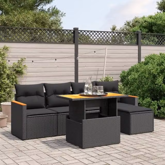 Set Divano da Giardino 6 pz con Cuscini Nero in Polyrattan 3276030