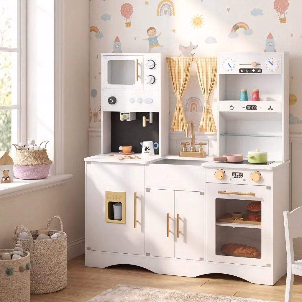 Set da cucina giocattolo in legno con microonde e macchina del caffè per piccoli chef, Bianco – 2
