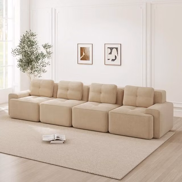 Divano modulare senza ossa - Zephmum- 4 posti, velluto a coste, design antiscivolo, beige