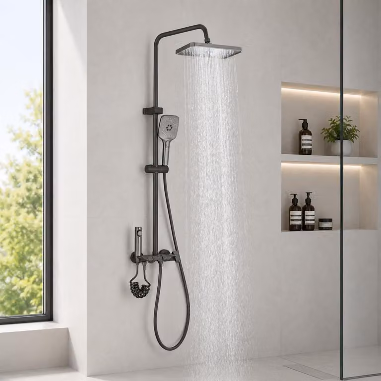 Kit completo per rubinetto doccia, doccia a pioggia quadrata, regolabile in altezza, colore grigio