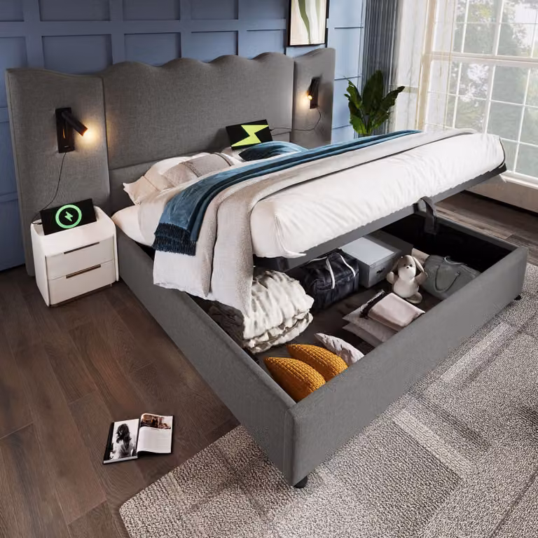 Letto imbottito 160x200 cm con lampada da lettura a LED, funzionalità di ricarica USB e Type-C, letto contenitore con sistema idraulico, testiera in lino e struttura del letto in legno massello, colore grigio