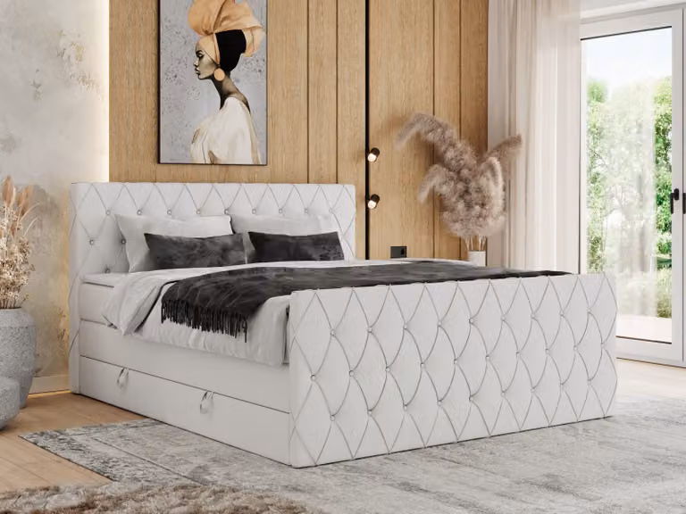 Letto con rete a molle MKS MEBLE, 180 x 200 cm, con contenitore, letto 180 x 200 cm con materasso H4, letto con rete a molle 180 x 200 cm con topper - Miren King Duo - Bianco, ecopelle - H4
