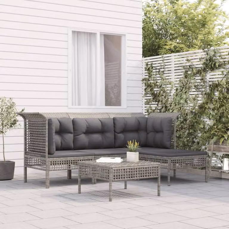 The Living Store Set da giardino 5 pezzi con cuscini in poly rattan grigio