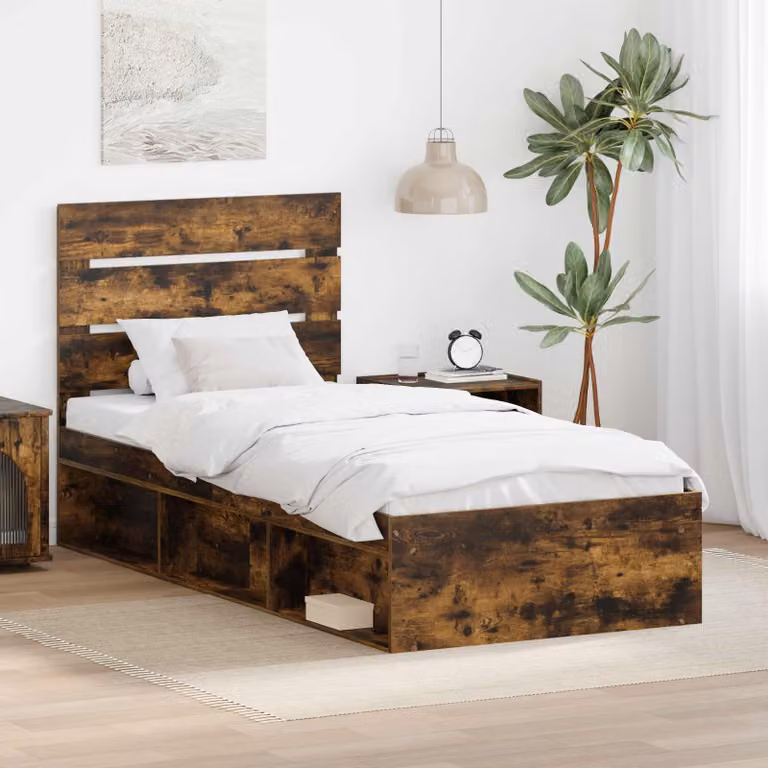 Struttura del letto vidaXL in pino massello e legno, colore rovere fumo, L/P/H: 190 x 90 cm