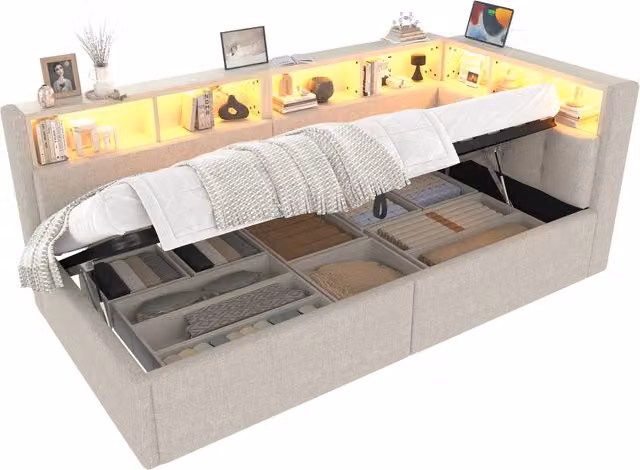 Letto a Divanetto Singolo con Contenitore e Illuminazione LED, Porte USB e Tipo-C, Rivestimento in Lino Beige, L/P: 90 x 200 cm
