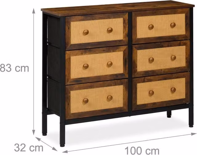 Cassettiera con 6 cassetti vintage tendenza portaoggetti soggiorno camera da letto 110 x 40 x 80 cm in metallo imitazione legno di noce 13_0015994