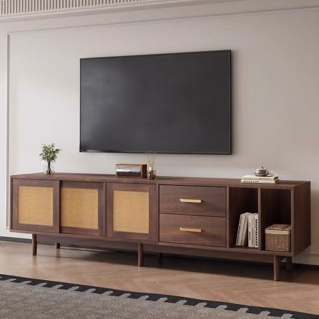 Mobile TV con 3 ante scorrevoli, 2 cassetti e 2 vani aperti, in MDF e rattan marrone, per soggiorno, 190 × 40 × 52 cm