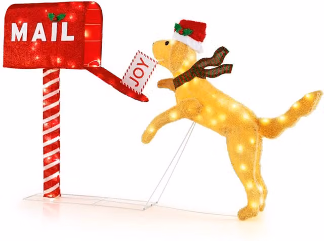 Cassetta postale natalizia e cane con 120 luci LED bianco caldo, Decorazione festiva pre-illuminata con fascette