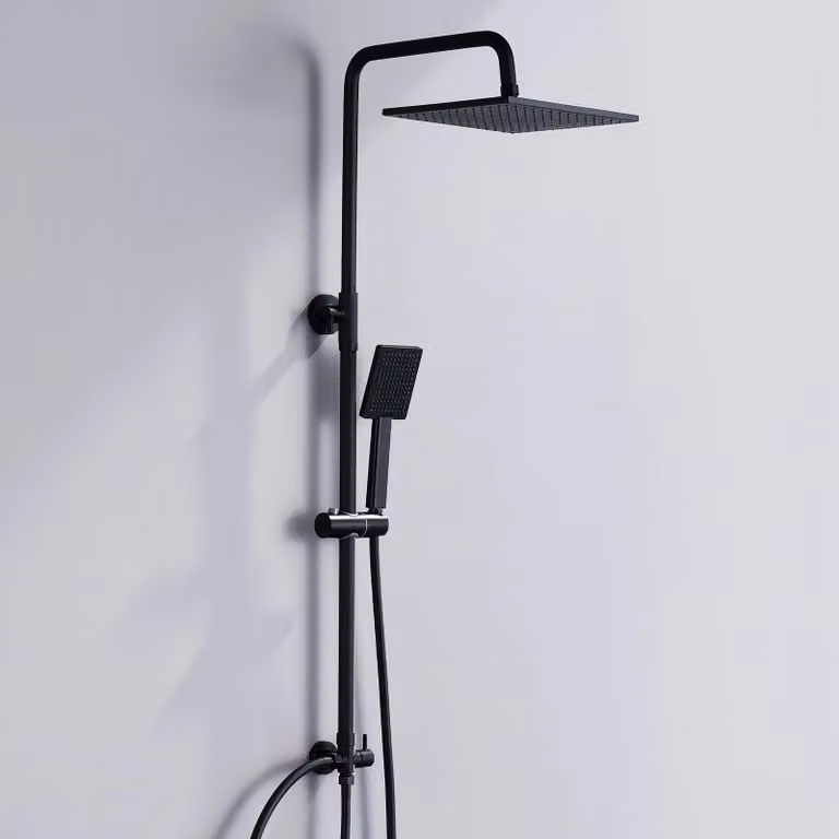 Doccia a soffione, 25x25 cm, nera, altezza regolabile da 74 a 109 cm