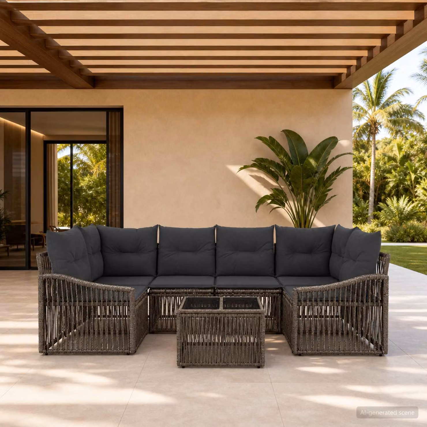 Set Divano da Giardino vidaXL 7 Pezzi in Polyrattan Grigio con Cuscini e Tavolino