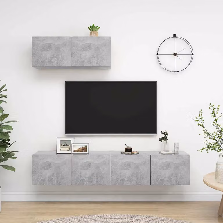 Set di 3 mobili porta TV moderni vidaXL in legno e MDF, colore grigio cemento, da appendere alla parete per il tuo soggiorno, L: 80 cm, P: 30 cm, H: 30 cm