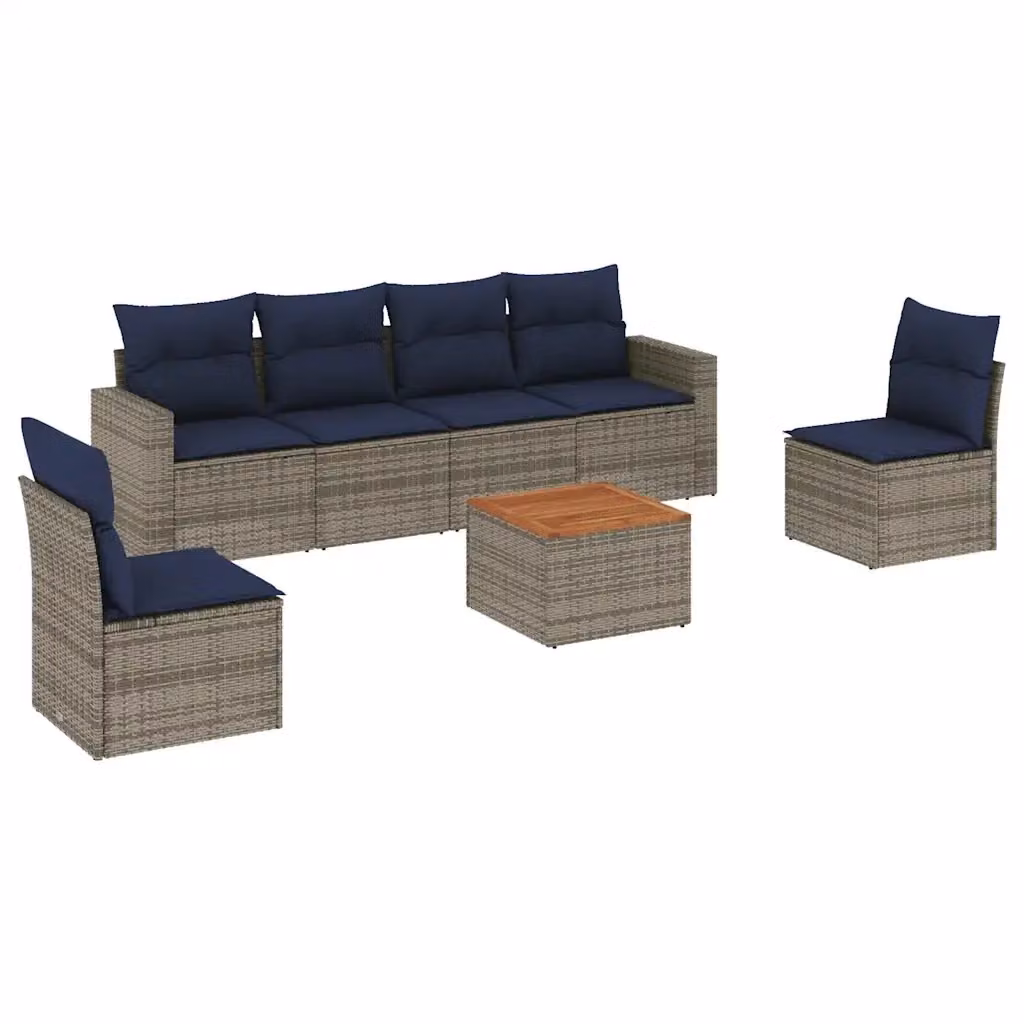 Set di divani da giardino vidaXL in 7 pezzi in polyrattan con cuscini grigi e blu per esterno – 2