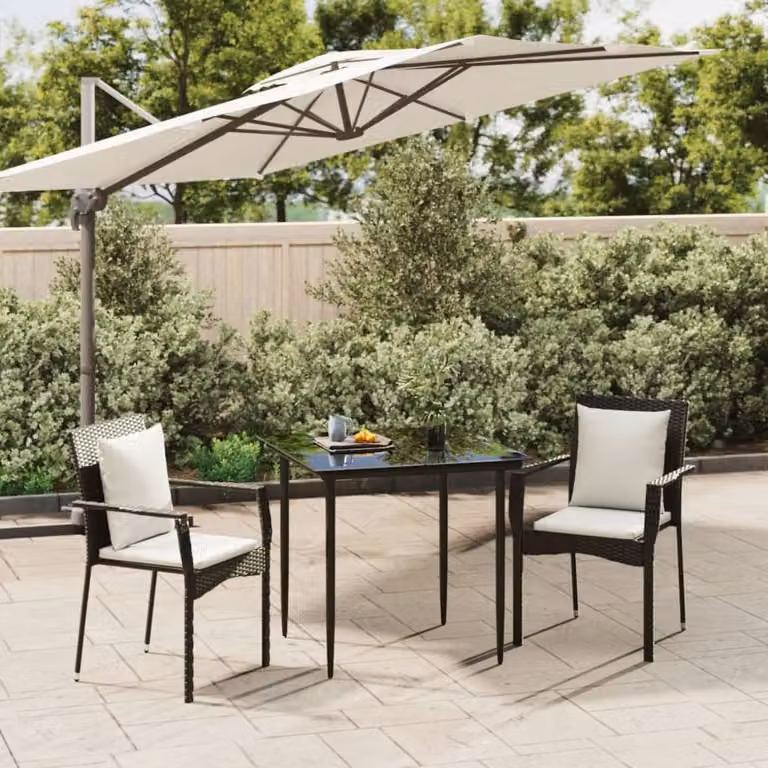 Set da pranzo da giardino moderno vidaXL in polyrattan nero con cuscini e tavolo in vetro