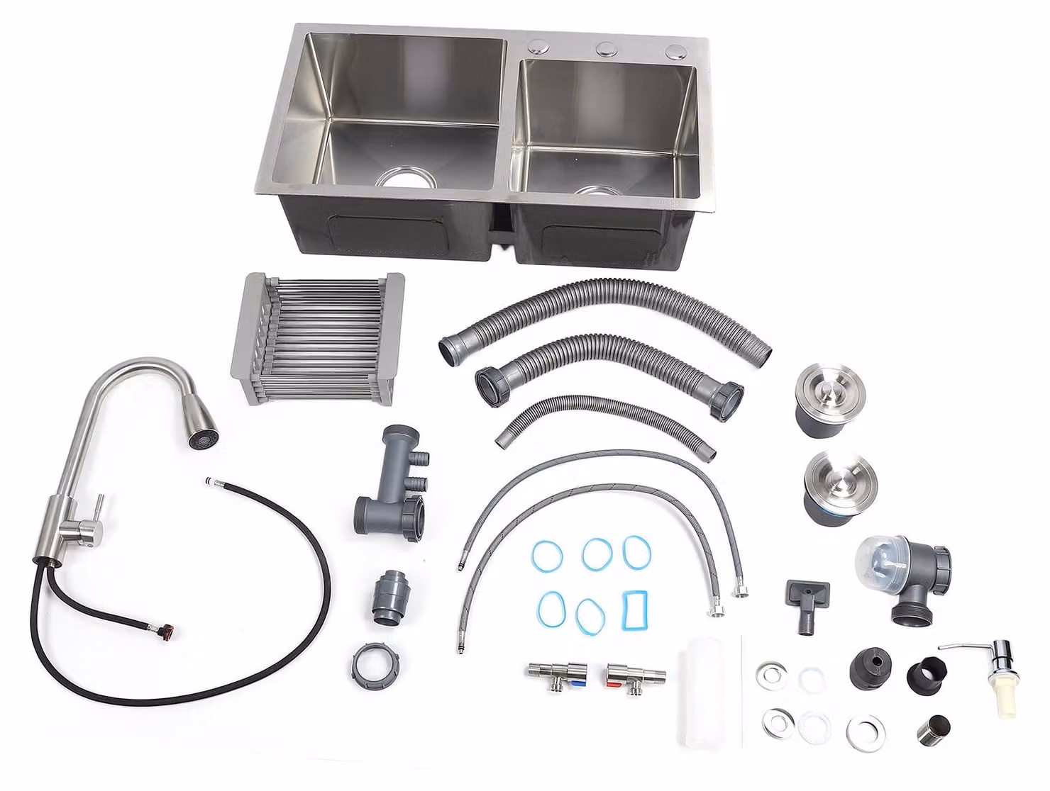 Set lavello da incasso, rubinetto estraibile in acciaio inox 304, doppio lavello a 3 fori con cestello di scarico, dispenser per sapone