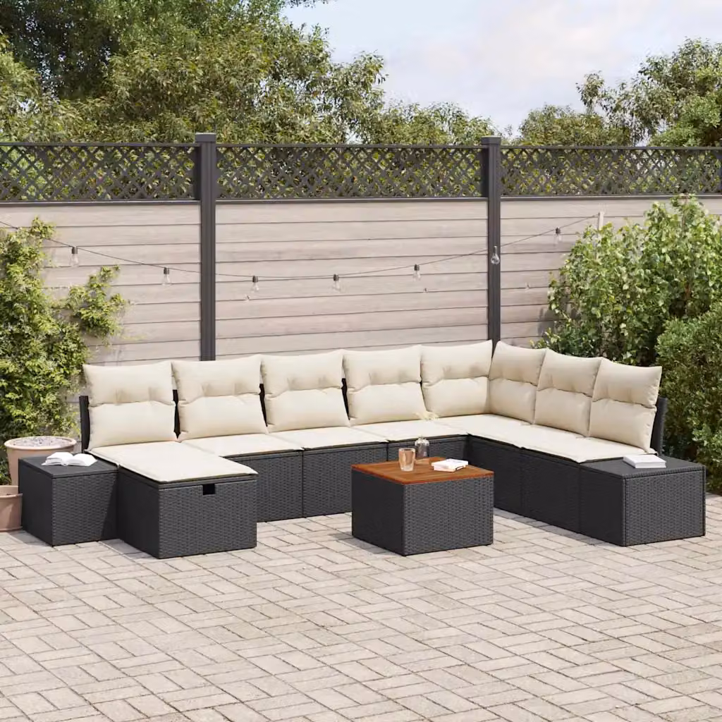 Set Divano da Giardino vidaXL 9 Pezzi in Polyrattan Nero con Cuscini e Tavolino da Esterno – 1