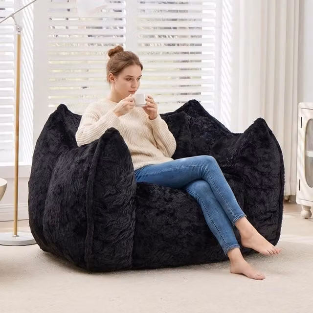 Poltrona sacco grande WISHDOR in pelliccia sintetica con cuscino, colore nero
