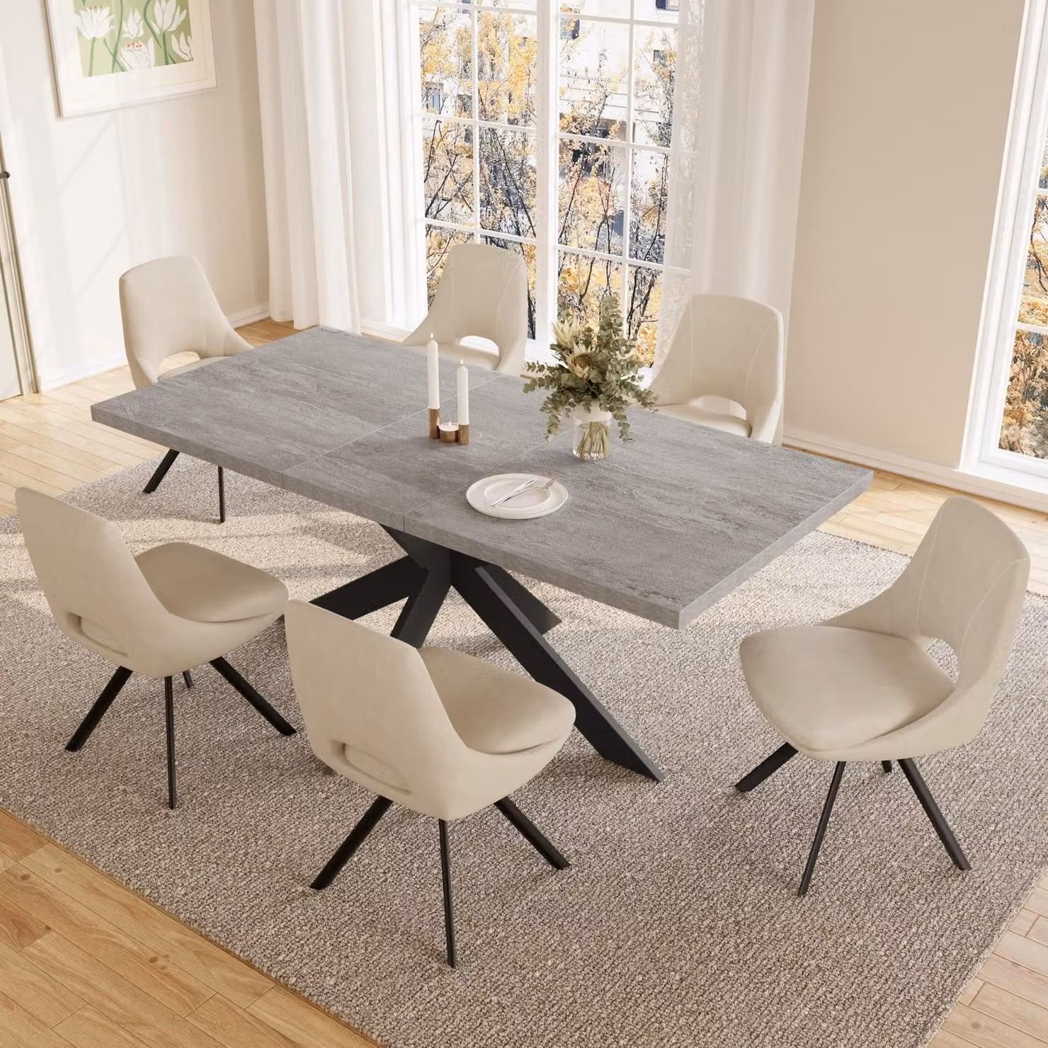 Tavolo allungabile per 4-8 persone, in legno MDF grigio, con sedie beige