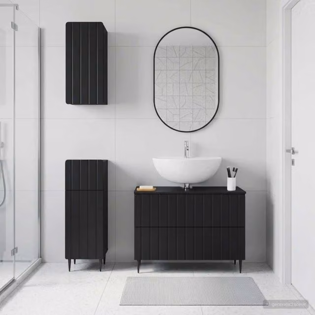 Set di mobili da bagno minimalisti vidaXL in legno nero opaco composto da mobile lavabo e armadietti a parete – 1